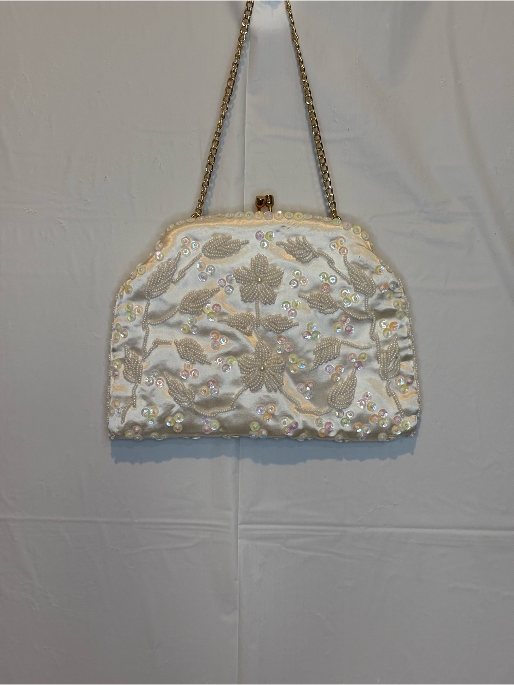 Vintage Sharonee Beaded Sequin Evening Bag Clutch British Hong Kong Ivory